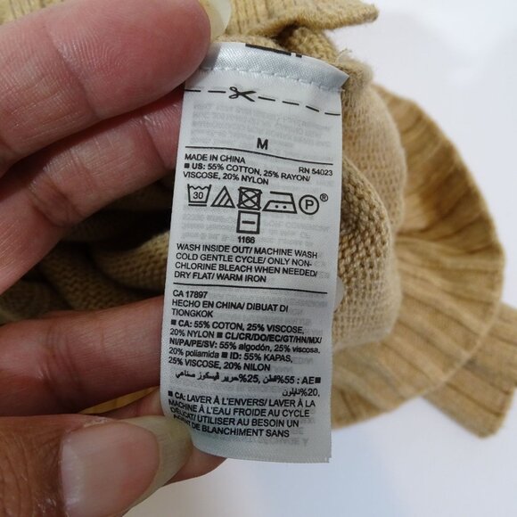 Old Navy Camel Brown Rib Trim V-Neck Sweater Women Size M Long Sleeve Side Slit - Picture 5 of 6